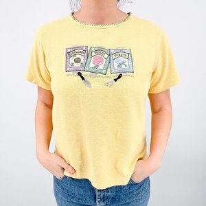 Vintage Cathy Daniels Pastel Novelty Embroidered Gardening Short Sleeve Top - M